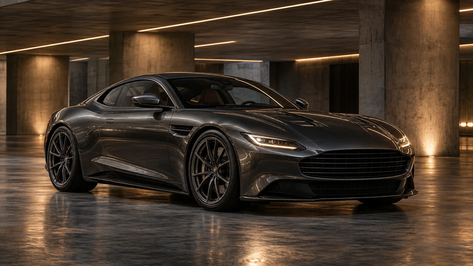 AI artwork of a graphite GT in a dark garage